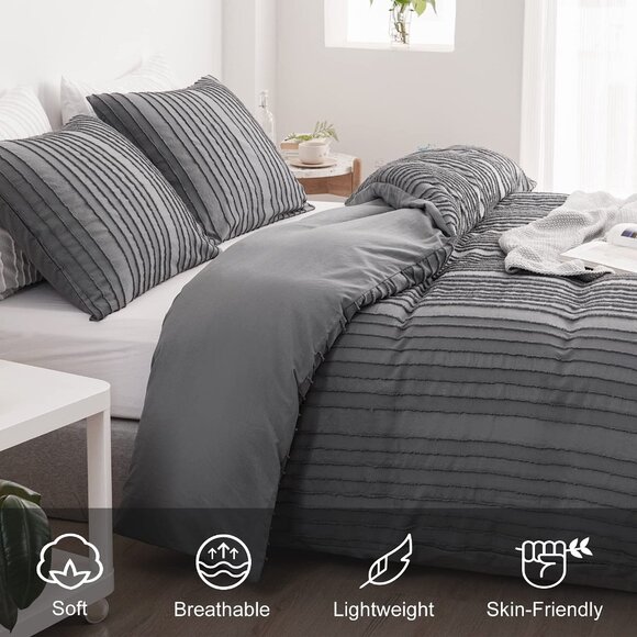 Boho Duvet Cover Striped Textured Duvet Cover Set Tufted Bedding Set  Gray - Picture 3 of 9